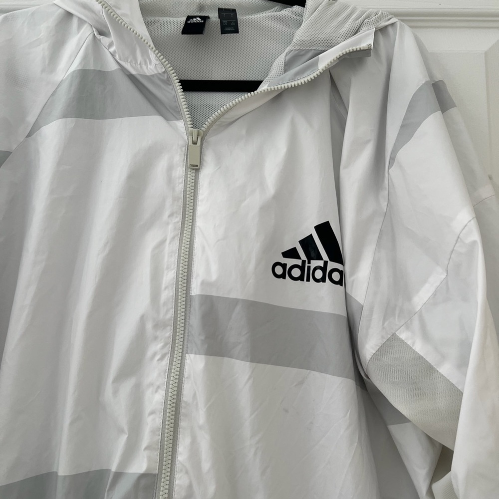 adidas White & Light Gray Striped Hooded Windbreaker - Picture 2 of 7
